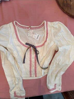 Free People White Peasant Blouse with Red Embroidered Trim